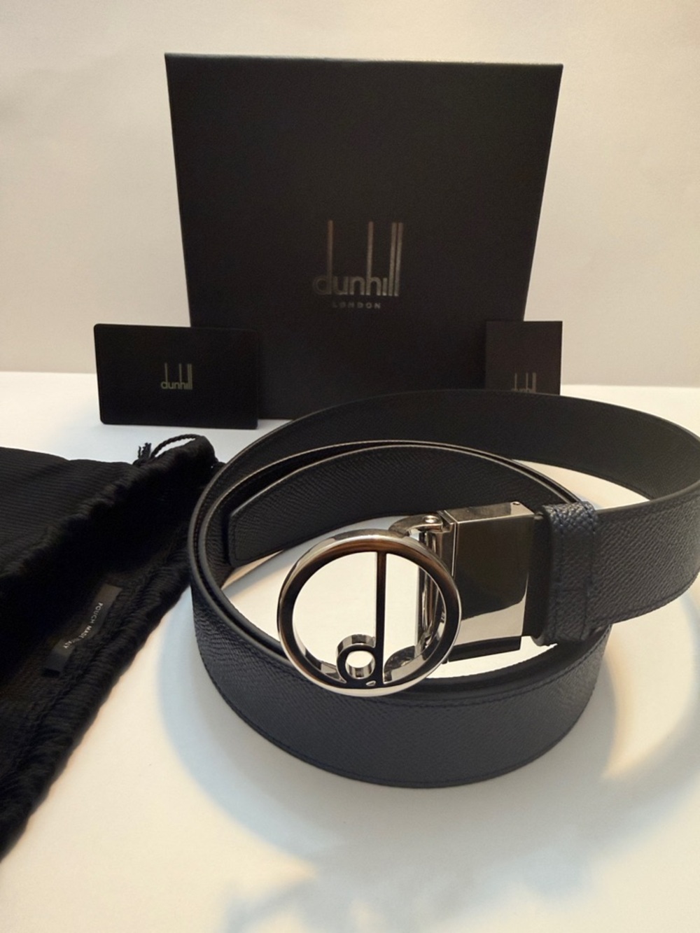 NWT $443 Dunhill Black Leather Belt with Silver Circular Logo Buckle reversible